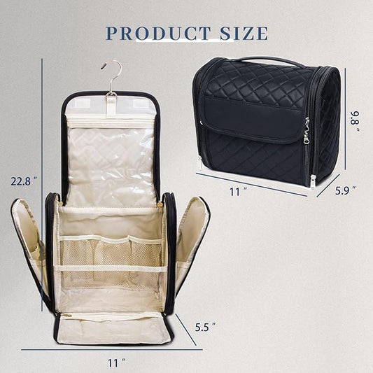 Inmorven Makeup Bag for Women with Hanging Hook - Portable Cosmetic Case, Large Portable Capacity Travel Hanging Toiletry Bag Organizer Case for Toiletries and Cosmetics, Black