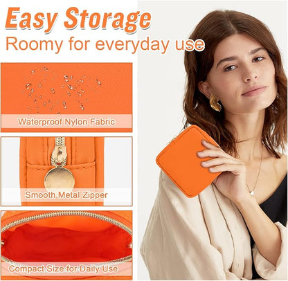 Nylon Mini Makeup Bag for Purse, Preppy Small Cute Makeup Bag Cosmetic Zipper Pouch Purse, Waterproof Travel Coin Pouch Sanitary Napkin Storage Bag Clutch Makeup Organizer Bag for Women Girls(Orange)