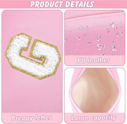 Initial Makeup Bag Personalized Preppy Travel Small Cosmetic Bag Cute PU Pink Chenille Letter Makeup Pouch for Purse Waterproof Zippered Toiletry Organizer for Women Girls Kids Friends (G)
