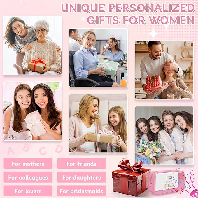 Personalized Initial Clear Makeup Bag, Travel Chenille Patch Cosmetic Bag, Preppy Toiletry Bag Monogram Cosmetic Pouch with Zipper, Ideal Gift for Teen Girls Women (Clear-Pink, A)