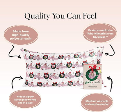 The Grinch x Kitsch Satin Pillowcase with Zipper for Hair & Skin - Softer Than Silk Pillow Cases, Smooth Cooling Pillow Cover, Wrinkle-Free, Machine Washable, King Size (19x36)- Cindy Lou