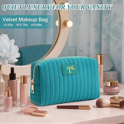 Monogrammed Make Up Bags for Women,Personalized Cosmetic Bags Women,Small Quilted Makeup Pouch,Cute Makeup Bag Travel,Birthday Gifts for Teen Girl (Blue T)