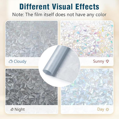 rabbitgoo Window Privacy Film Rainbow Film Decorative Window Sticker, 3D Static Stained Glass Cling Tint for Home Heat Control Non-Adhesive, Grayish Silver, 11.8 x 157.4 inches