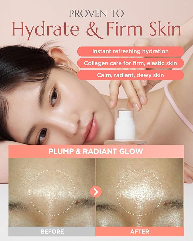 Apricot Collagen Gel Serum Mist Korean Face Moisturizer Spray - 8 Layer Hyaluronic Acid and Bakuchiol - Heart Shape Clear Keychain Refillable Travel Portable Bottle, 3.38oz