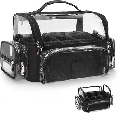Makeup Brush Bag, Makeup Brush Case for Makeup Artist with Plastic Dividers Washable, Portable Travel Makeup Train Case with Clear Waterproof Cover for Easy to Clean and Find with Adjustable Strap