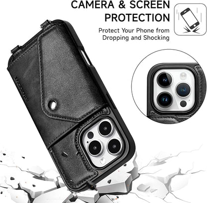 LUCKYCOIN Crossbody Wallet Phone Case for iPhone 16 Pro,100% Genuine Leather Wallet Phone Case with Expandable Flip Card Holder,Phone Purse for Women with Adjustable Removable Strap - Black