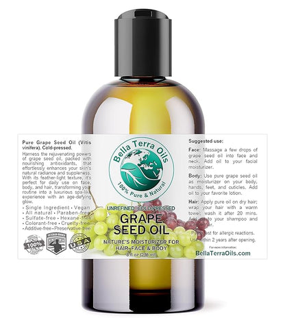 Bella Terra Oils - Organic Grape Seed Oil 8 oz - Dive into Organic Grape's Nutritional Power, Packed with Antioxidants & Omega-6, Elevate Your Skin Care Essence