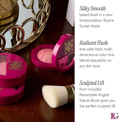 LAURA GELLER NEW YORK Holiday 2025 Limited Edition Baked Blush-n-Brighten Marbleized Blush - Skyline Sunset - Pink Color for Cheeks (02 Skyline Sunset + Kabuki Brush)