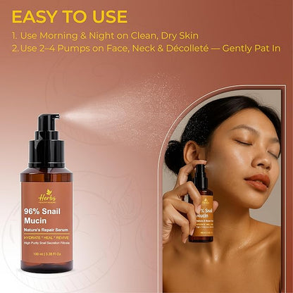 Herbs Healthy Healing Snail Mucin 96% Essence – Korean Hydrating Face Serum (3.38 fl oz) – Nourishing Skincare for Fine Lines, Uneven Tone & Dehydrated Skin – Lightweight, Fast-Absorbing Formula
