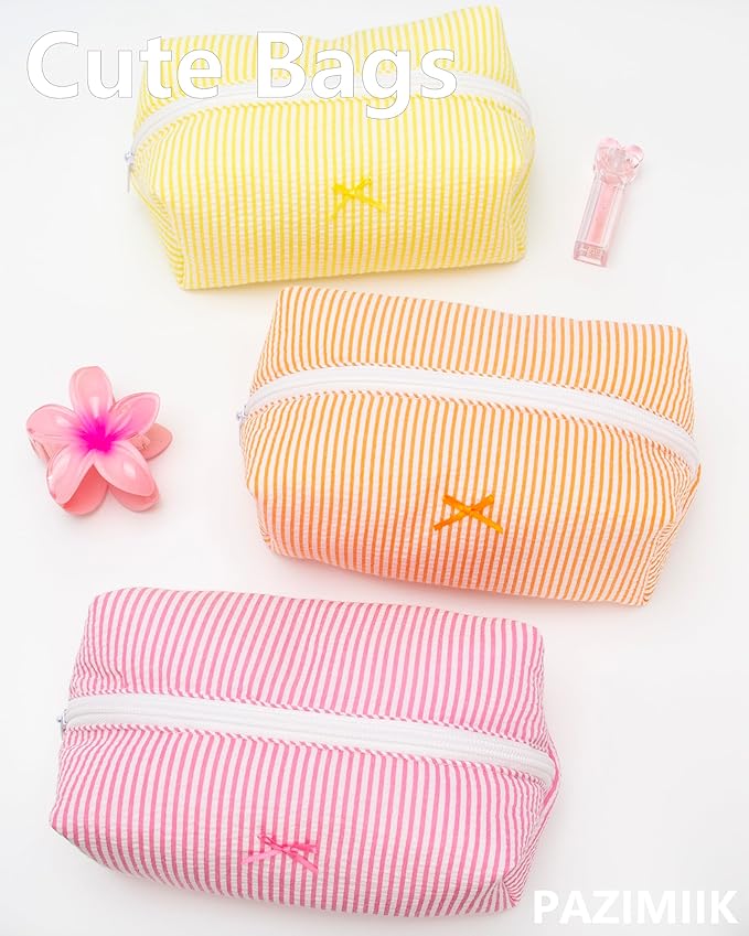 PAZIMIIK 6PCS Cozy Makeup Bag Small Aesthetic Travel Zipper Cosmetic Pouch for Women Make Up Beauty Accessories Brushes, Stripe Yellow