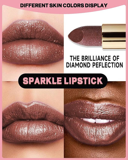 Glitter Metallic Brown Shimmer Lipstick Long Lasting, Glitter Diamond Shine Nude Red Lipstick Transfer Proof Non-Stick Lip Gloss Shimmer Highly Pigmented Full Coverage Lip Makeup for Women-08