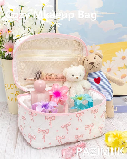 Quilted Makeup Bag Large Travel Zipper Soft Cosmetic Case for Women Girls Make Up,Bow Pink