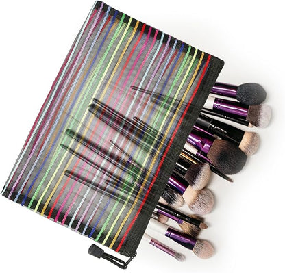 Mesh Bags with Zipper (6 Pack), Nylon Makeup Bag Cosmetic Pouches Travel Organizer Case for Purse Diaper Bag Home Organizing Striped Multi Size Black