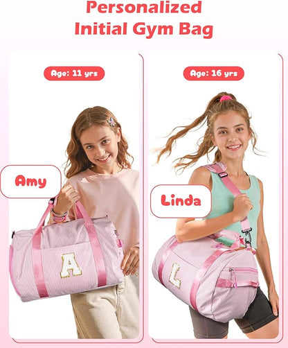 Teen Girl Gifts Trendy Stuff, Girls Travel Duffle Bag, Kids Initial Overnight Bags with Shoe Compartment, Personalized Weekender Bag with Makeup Pouch, Gift for 6 Year Old Kid (Letter T)