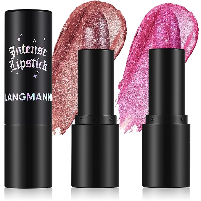 Jolilab Sparkling Lipstick Lip Gloss Long Lasting Waterproof Moisturizer Lip Balm Glitter Shimmer Metallic Lipstick, Diamond Shiny Bold Glow Goth Lipstick for Women Girls,Non-sticky (2, 07#+04#)