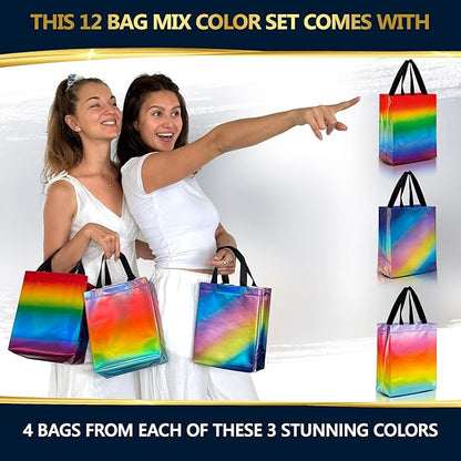 Nush Nush Rainbow Gift Bags in 3 Colorful Design - Set of 12 Reusable Gradient Gift Bags With Handles - Ideal Goodie Bag for Birthday Party Favors, Thanksgiving, Holiday, Kids Party - 8"x4"x10"