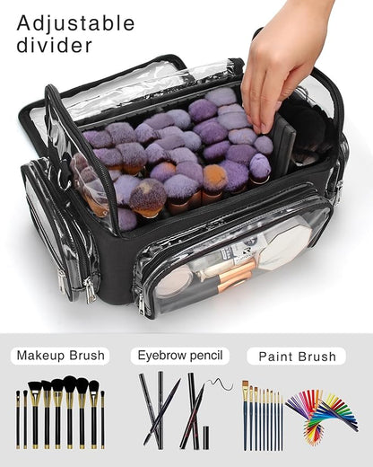 Makeup Brush Bag, Makeup Brush Case for Makeup Artist with Plastic Dividers Washable, Portable Travel Makeup Train Case with Clear Waterproof Cover for Easy to Clean and Find with Adjustable Strap