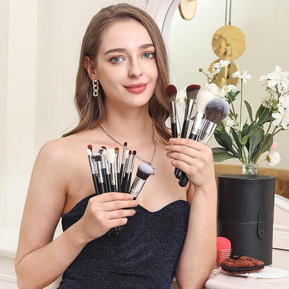 Bueart Design Pro makeup Artist 34Pcs Deluxe Real Goat Hair Horse hair Makeup Brushes Set with extra Large Holder High End Professional labeled makeup brush set with natural Pony Hair