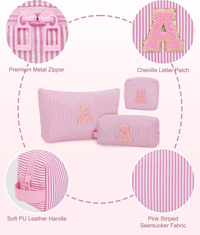 MONSTINA Personalized Initial Makeup Bag for Women,Make Up Case for Girlfriend Bridesmaid Wife,Maid Matron of Honor Gift, Bride to be Gifts,Bachelorette Party Favors,Birthday Gift for Her Pink W
