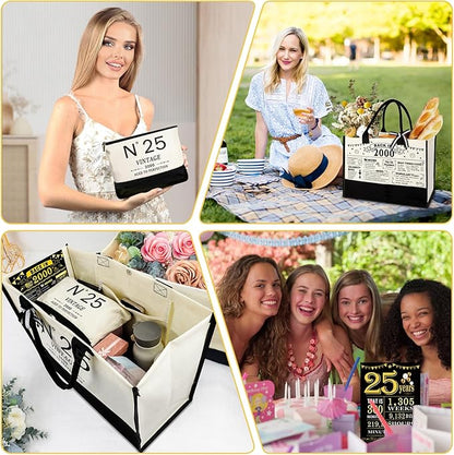 25th Birthday Gifts for Women Canvas Tote Bag Travel Gear,Unique 25 Years Old Gifts for Girlfriend Sister Coworker Friends Classmate Her, Vintage N°25 Handbag & Cosmetic Bag & Back in 2000 Poster