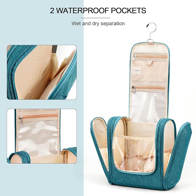 Travel Hanging Toiletry Bag for Women and Men, 6 Organizer Compartments, Holds Full Size Bottles, Extra Large Cosmetic Accessories, Makeup essentials, Bathroom Water-resistant Toiletries Bag, Blue