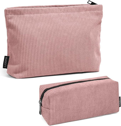 MAGEFY 2 Pcs Makeup Bags for Women, Corduroy Make up Bag for Purse Travel Makeup Bag Small Cosmetic Bags with Zipper Makeup Pouch for Travelling - Dusty Pink