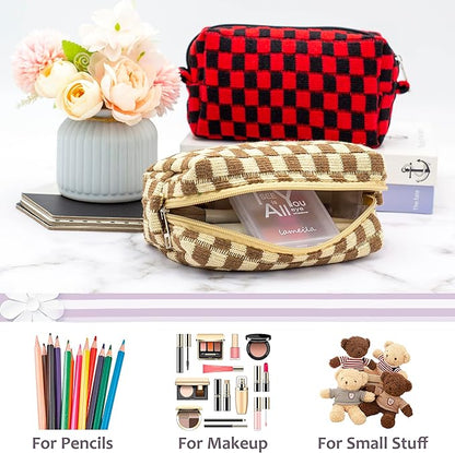 PAZIMIIK Checkered Makeup Bag for Purse Portable Zipper Make Up Pouch Small Cosmetic Case for Travel Accessories (Coffee)