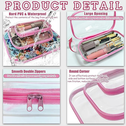 3 Pcs Clear Hard Zipper Case, Hard Shell Plastic Clear Organizer Bag, Transparent Makeup Pouches, Portable Box for Travel Toiletries Storage Bins (Pink, Multi)