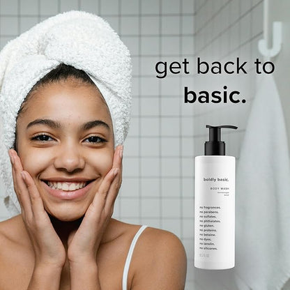 Boldly Basic Fragrance Free Body Wash - Gentle Bodywash on Sensitive Skin - Unscented Shower Gel - Dermatologist Tested - No Sulfates, Parabens or Gluten - Non Comedogenic and Hypoallergenic
