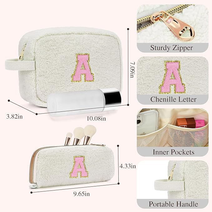 for Christmas Day Gifts, Travel Makeup Bag for Women, Initial Make Up Bag Set for 6 7 8 9 10 11 12 13 Years Old Kids Tween Girls, Large Cosmetic Skincare Bags for Birthday Gifts, White D