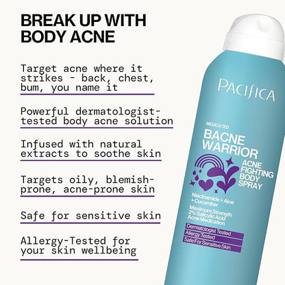 Pacifica Bacne Warrior - Bacne Salicylic Acid Spray, Back Acne Treatment Spray with 2% Salicylic Acid, Niacinamide, and Aloe, Body Acne Warrior for Body, Chest, and Back, Dermatologist Tested- 6 Fl Oz