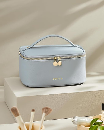 Prite Makeup Bag Portable Cosmetic Organizer with Brush Holder Waterproof Travel Toiletry Bag for Women with Handle and Divider (Blue)