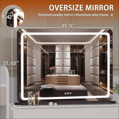 Hasipu Vanity Mirror with Lights, 31.5" x 22" LED Makeup Mirror, Lighted Makeup Mirror with Dimmable 3 Modes, Touch Screen Control Vanity Mirror Round Black