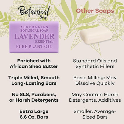 Australian Botanical Soap, 6.6 OZ, Lavender and Essential Oil, Triple Milled Bars made with a Natural Soap Base and Enriched with Organic Shea Butter, Pack of 8