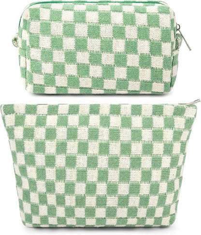 SOIDRAM 2 Pcs Checkered Makeup Bag Large Cosmetic Bag Toiletry Bag Makeup Pouch Travel Bag Organizer Cute Makeup Brushes Aesthetic Accessories Storage Bag for Women Green