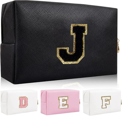 Personalized Initial Letter Patch Makeup Bag, Preppy Portable Chenille Letter Cosmetic Bag with Zipper, PU Leather Waterproof Travel Toiletry Bag Monogram Make Up Pouch for Women Girls