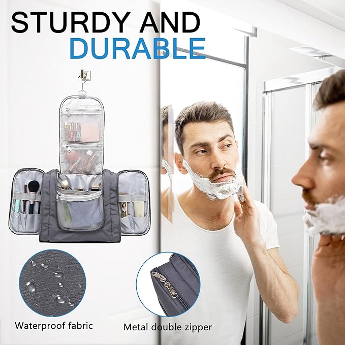 Hanging Toiletry Bag for Men, Travel Makeup with Metal Swivel Hook, Organizer for Full Sized Cosmetics and Toiletries, Water-Resistant Nylon, Grey