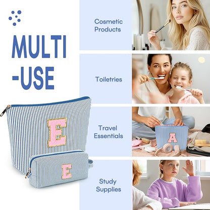 mibasies 2 PCS Initial Makeup Bags for Women: - Birthday Gifts for Teen Girls 11 12 13 14 15 16 Years Old - Preppy Trendy Stuff - Cosmetic Bag for Travel Toiletry - Blue E