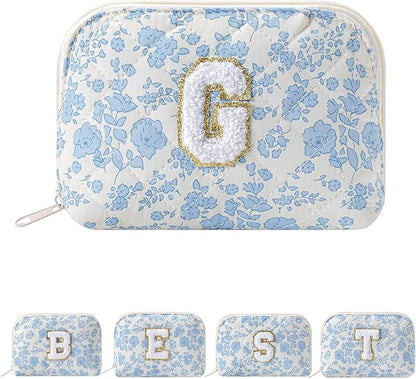 JOVAKIT Conch Alphabet Makeup Bag Cosmetic Bag for Women, Christmas Gifts for Women Girls, Blue Floral Coquette Travel Bag, Zipper Make Up Pouch Organizer Trendy Stuff (Blue Floral G)