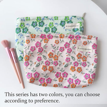 STARDW Aesthetic Floral Makeup Bag Cute Small Cosmetic Bags for Women Girls, Travel Toiletry Bag Large Capacity Zipper Makeup Pouch, Purse Organizer Pouches (Green Flowers)