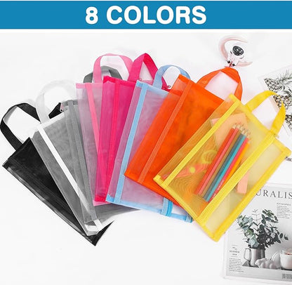 6 Pack Mesh Zipper Pouch Bags, Double Layer Nylon Pouch with Handle for Office Travel Organization (Black, A5)