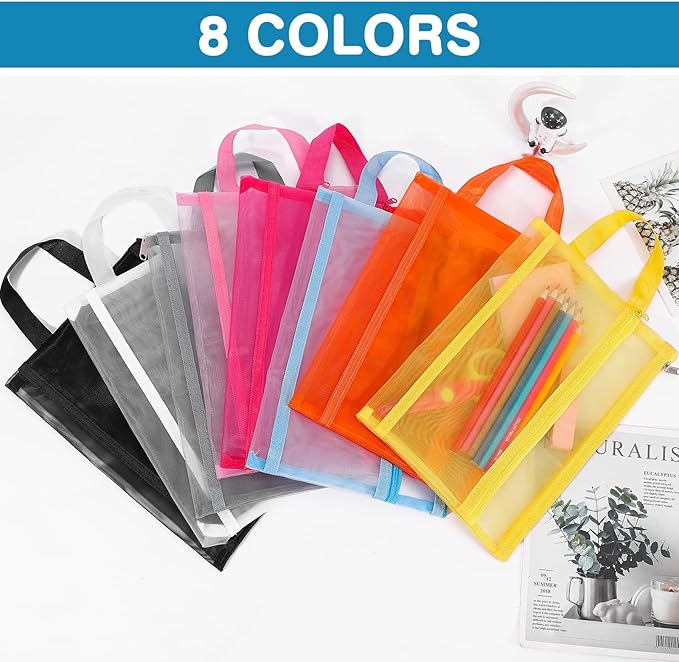 6 Pack Mesh Zipper Pouch Bags, Double Layer Nylon Pouch with Handle for Office Travel Organization (Blue, A5)