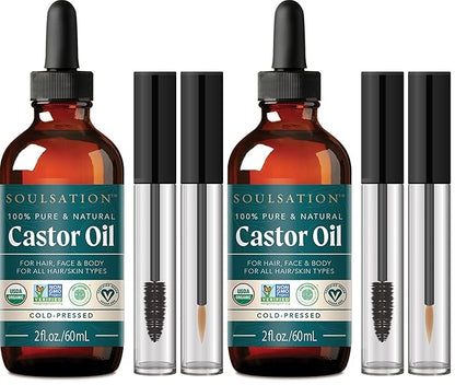Organic Castor Oil for Eyelashes, Hair & Skin (2oz with Eyelash Kit) | 100% Pure, Natural Cold Pressed (Pack of 2)