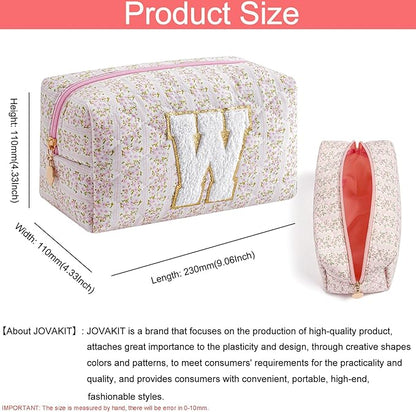 JOVAKIT Alphabet Makeup Bag Cosmetic Bag for Women, Christmas Gifts for Girls Age 6-18, Floral Flowers Coquette Travel Toiletry Zipper Make Up Pouch Organizer Trendy Stuff (Pink Floral W)