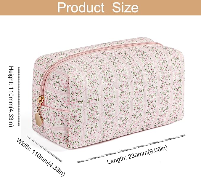Makeup Bag Travel Cosmetic Bag for Women Girls, Zipper Make Up Pouch, Floral Flowers Toiletry Organizer Makeup, Portable Storage Cosmetic Travel Cloth Bag (Pink)