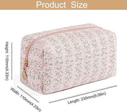 Makeup Bag Travel Cosmetic Bag for Women Girls, Zipper Make Up Pouch, Floral Flowers Toiletry Organizer Makeup, Portable Storage Cosmetic Travel Cloth Bag (Pink+White Small Flower)