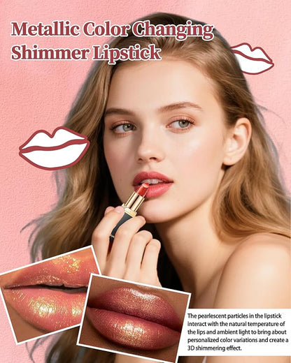 Metallic Coral Changing Shimmer Lipstick for Women,3D Shine High Impact Long Lasting Hydrating Transfer Proof Lipstick,Creamy Matte Non Sticky Plumping Lip Gloss,Full Coverage Lip Color Makeup Gift 02