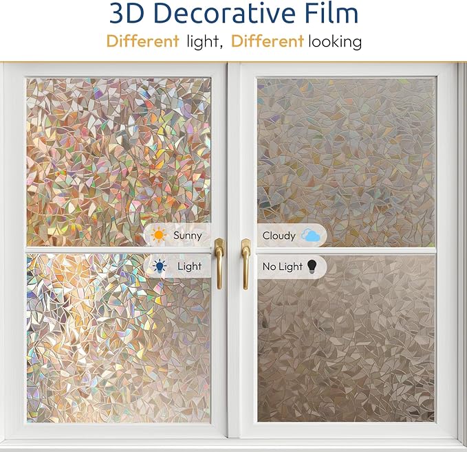 rabbitgoo Window Privacy Film Rainbow Film Decorative Window Sticker, 3D Static Stained Glass Cling Tint for Home Heat Control Non-Adhesive, Brown, 17.5 x 157.4 inches