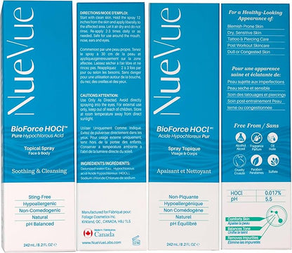BioForce Pure Hypochlorous Acid Spray for Face & Body - Made in Canada - Gentle Skin Cleanser & Toner, Acne-Prone Skin, Eczema, Piercing aftercare, pH Balanced, Alcohol-Free, NueVue (2-Pack x 8.2oz)
