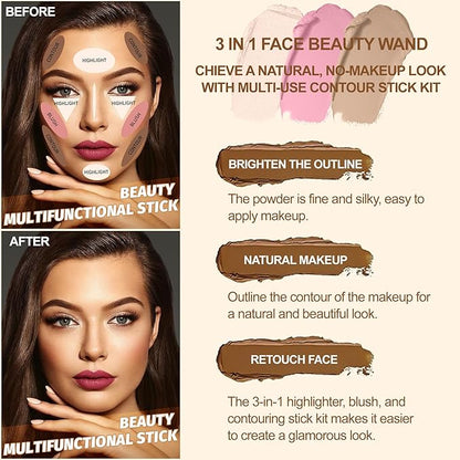 Lezero 3Pcs Contour Stick Makeup Kit, Shades with Highlighter, Blush and Bronzer Stick for Sculpt the Face and All Skin Type, Long Lasting, Smooth, Dewy & Matte Finish, #1 LIGHT FAIR